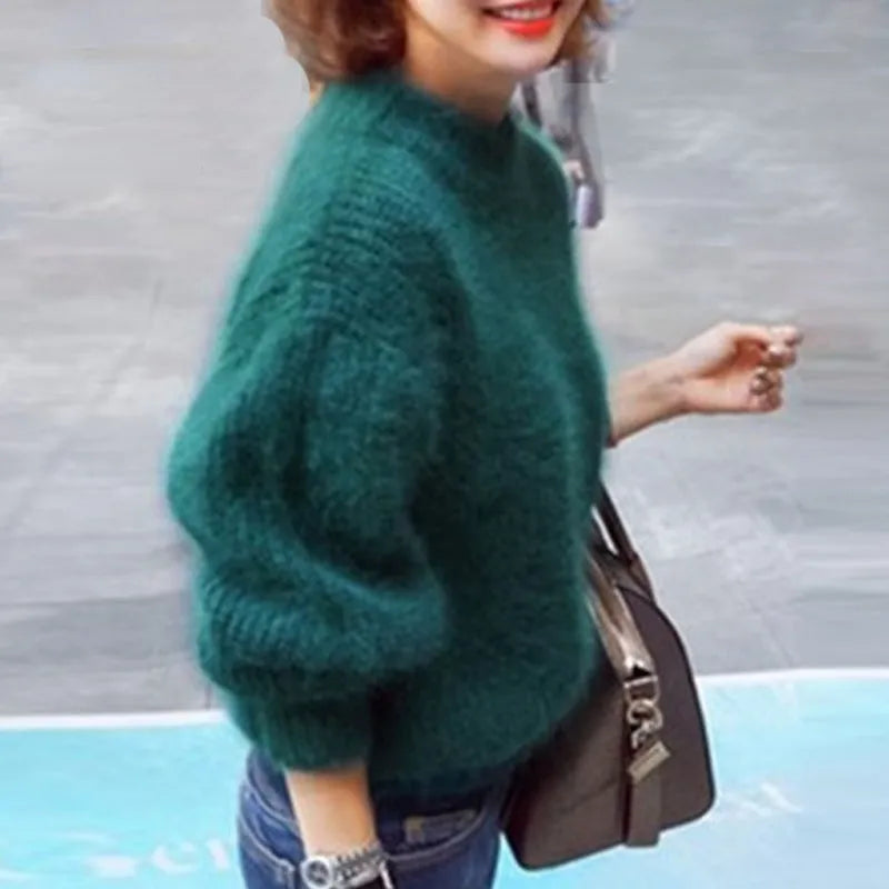Women's fuzzy turtleneck sweater loose fit plush knit with ribbed cuffs and hem cozy winter style