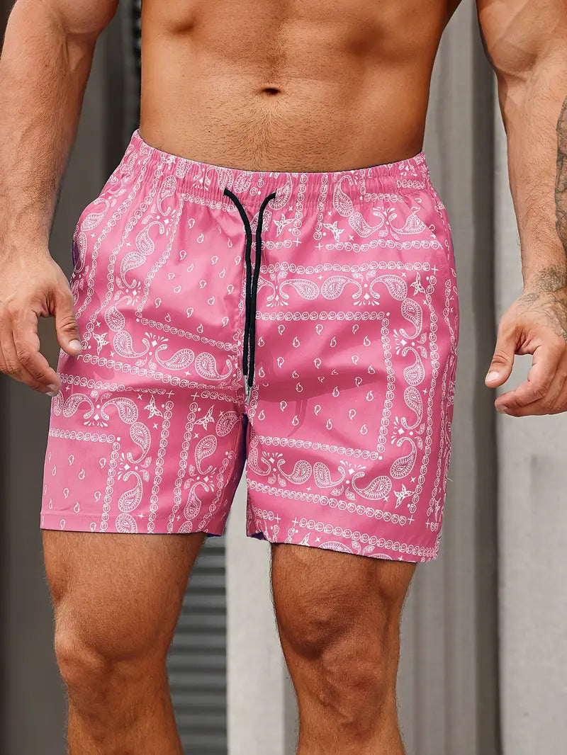 Men's bandana print swim shorts relaxed mid-thigh fit quick-dry beach pool bold pattern