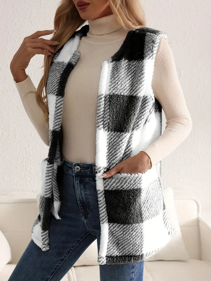 Unisex buffalo plaid sherpa fleece vest with deep pockets in bold oversized check pattern