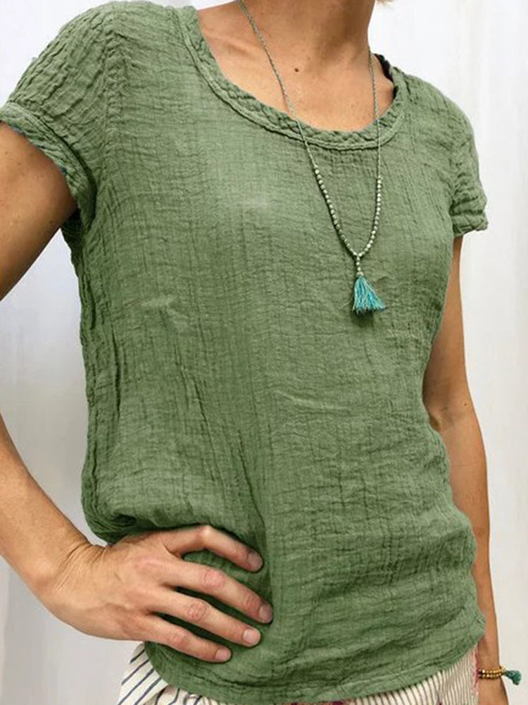 Vintage unisex round neck cotton linen casual shirt solid color breathable all-season comfort fit