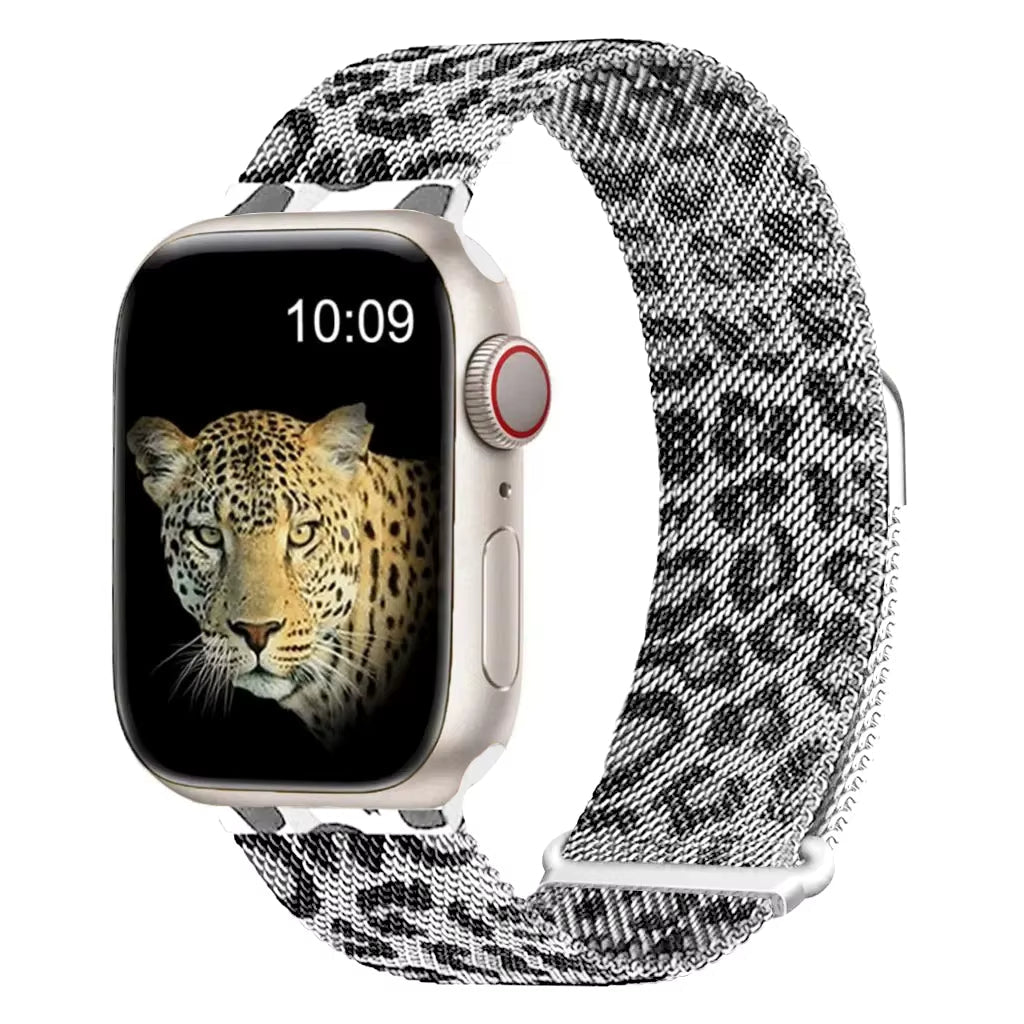 Feral Milanese Apple Watch band leopard print luxe gold stainless steel mesh magnetic clasp