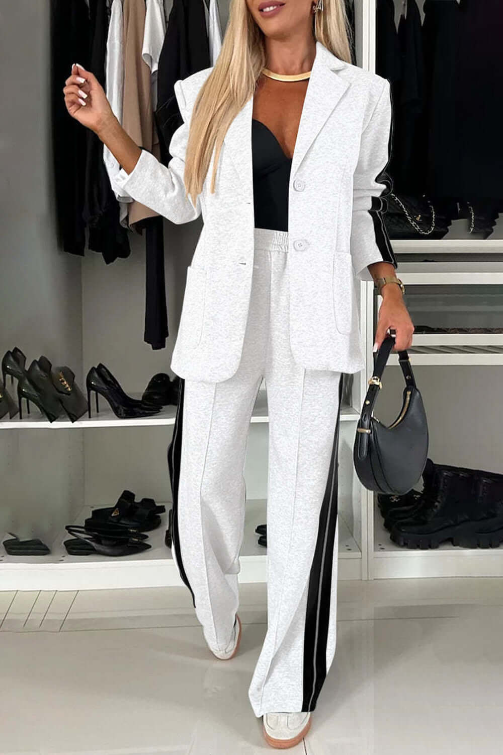 Women's contrast lapel collar two-piece set, buttoned pocketed top and pants, chic office wear