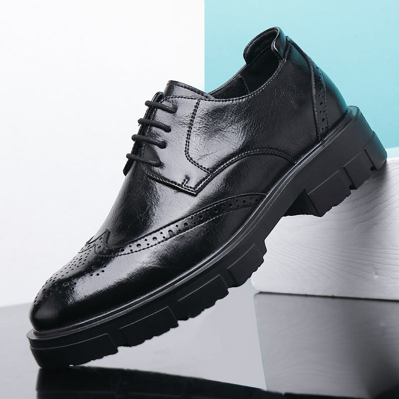 Men's black genuine leather brogues with chunky sole and subtle perforation detailing