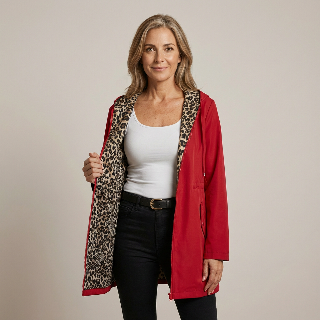 Women's reversible hooded zip jacket with contrasting printed interior, versatile two-in-one layering piece
