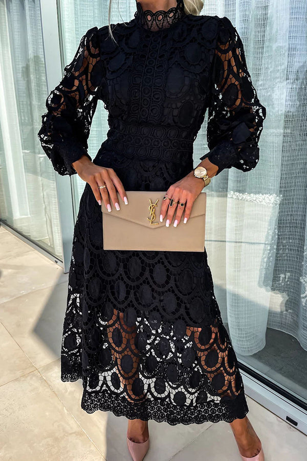 Women's elegant ivory lace A-line midi dress with long sleeves, flattering fit for modern style