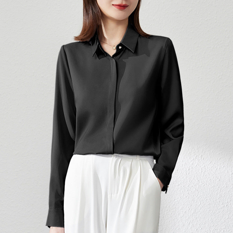 Women's elegant long-sleeve satin blouse in luxurious finish, versatile urban style for business occasions