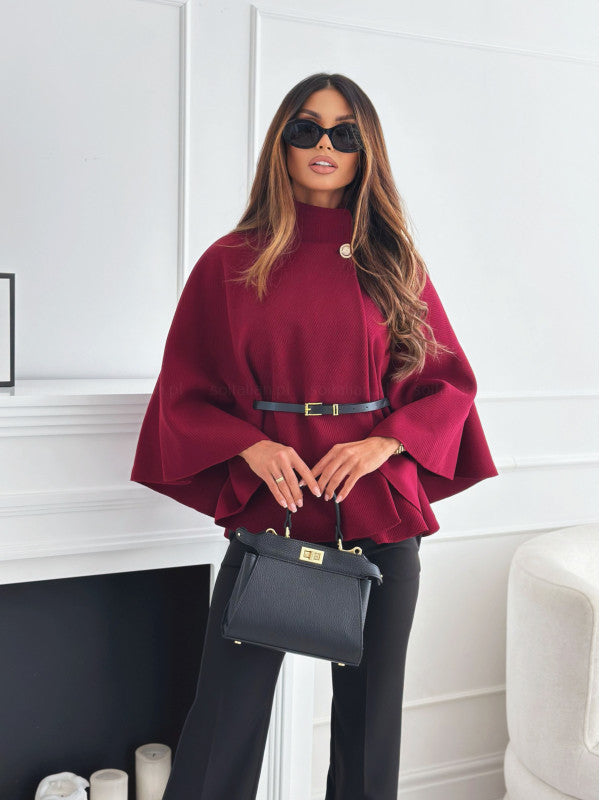 Women's belted poncho flowy fit soft lightweight fabric adjustable belt elegant autumn winter style