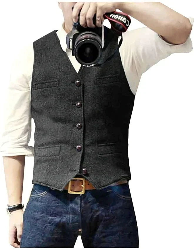 Men's blue denim blazer vest V-neck smart casual sleeveless layer for office and weekend