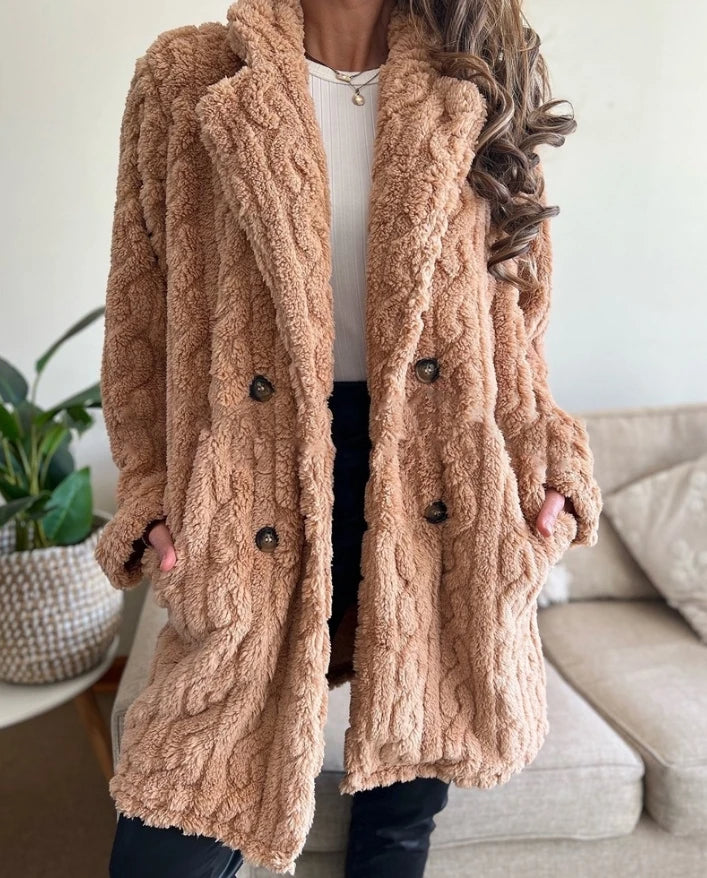 Women's cream teddy cable knit overcoat with luxurious plush texture and elevated cozy winter style