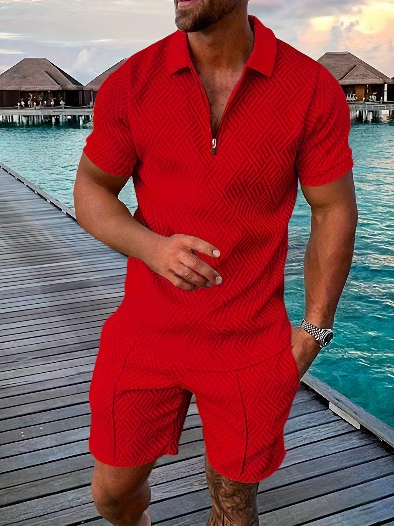 Men's geometric print romper breathable cotton blend short sleeve zipper front casual summer one-piece