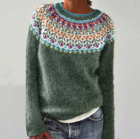 Women's loose fit wool blend knit sweater ethnic pattern multicolor warm soft winter pullover