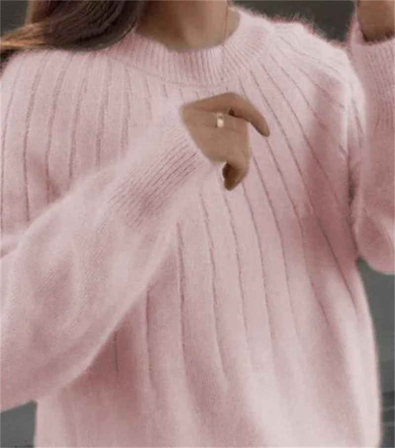 Women's luna cashmere ribbed knit sweater classic fit round neck ultra-soft cozy winter pullover