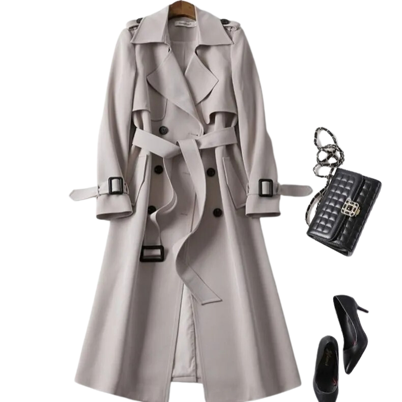 Women's longline beige trench jacket structured tailored silhouette with double-breasted belted front