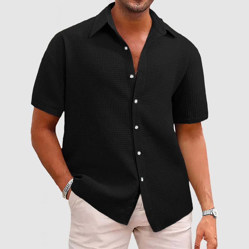 Men's beige waffle short sleeve shirt relaxed fit with textured fabric for warm weather casual wear