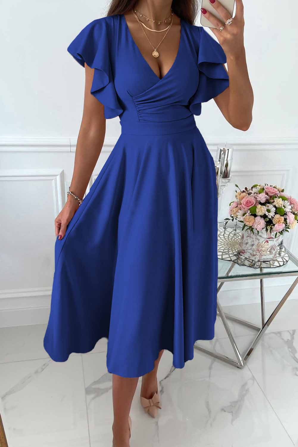 Women's wrap dress V-neck flutter sleeves fitted A-line silhouette adjustable wrap front elegant style