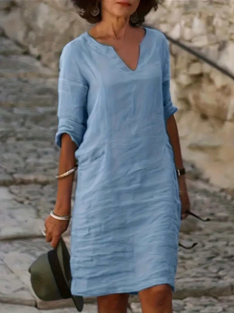 Women's casual relaxed-fit three-quarter sleeve dress, soft draping silhouette for all-day comfort