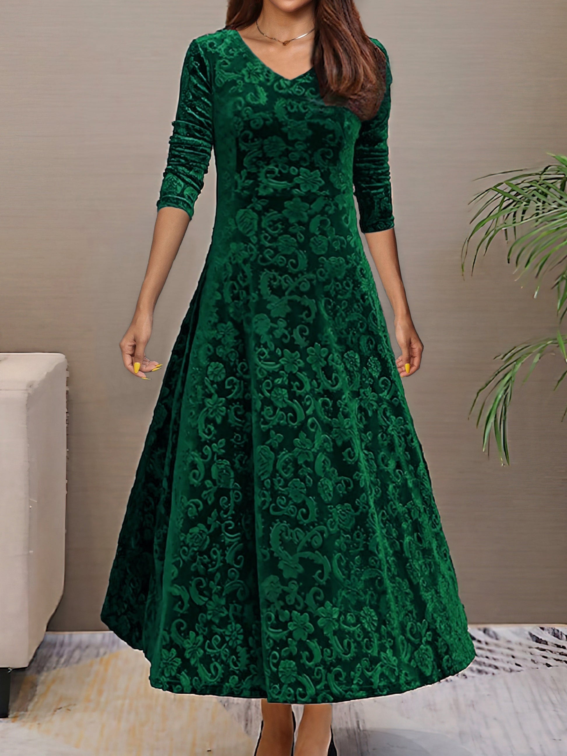 Women's burgundy velvet evening dress, V-neck A-line silhouette, three-quarter sleeves, floral pattern