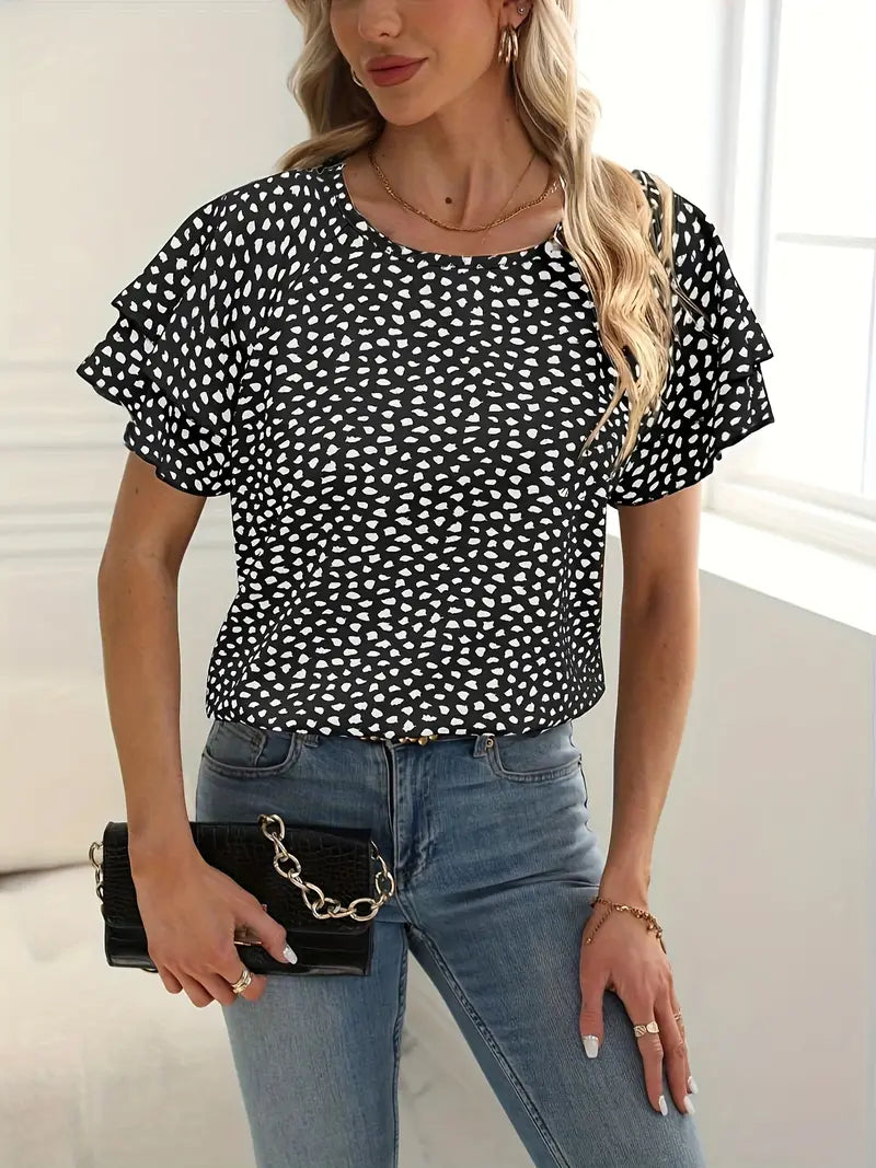Women's crew neck blouse with delicate ruffle trim neckline, elegant feminine style for versatile wear