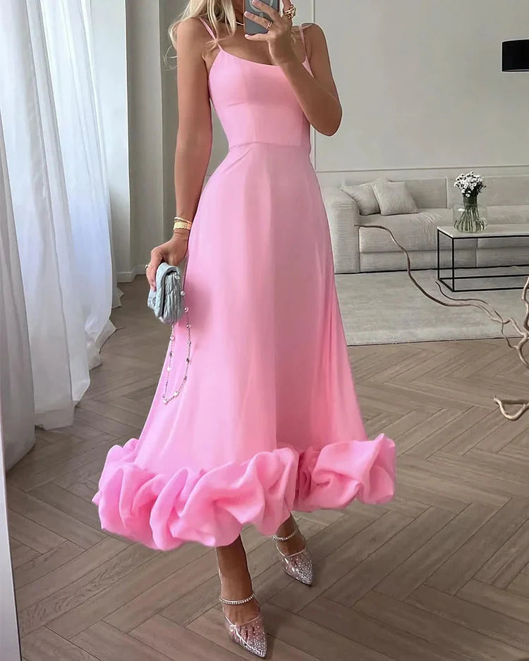 Pink elegant fitted dress with floral pattern, fine belt accent, flared skirt for special occasions