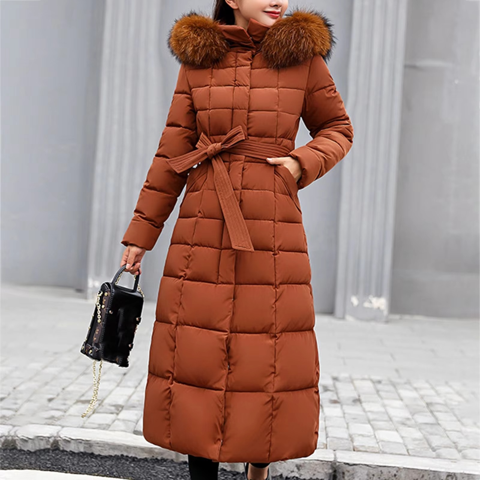 Women's long hooded down jacket elegant silhouette faux fur-lined hood lightweight winter warmth