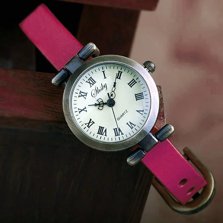 Evelyn vintage quartz watch stainless steel case brown leather strap Roman numeral dial retro style