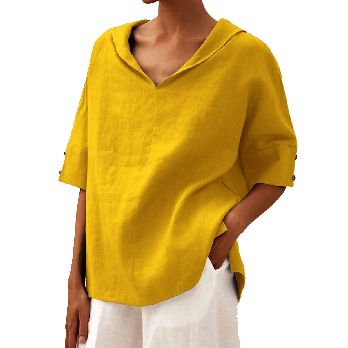 Women's solid V-neck half-sleeve blouse relaxed modern cut versatile everyday casual top