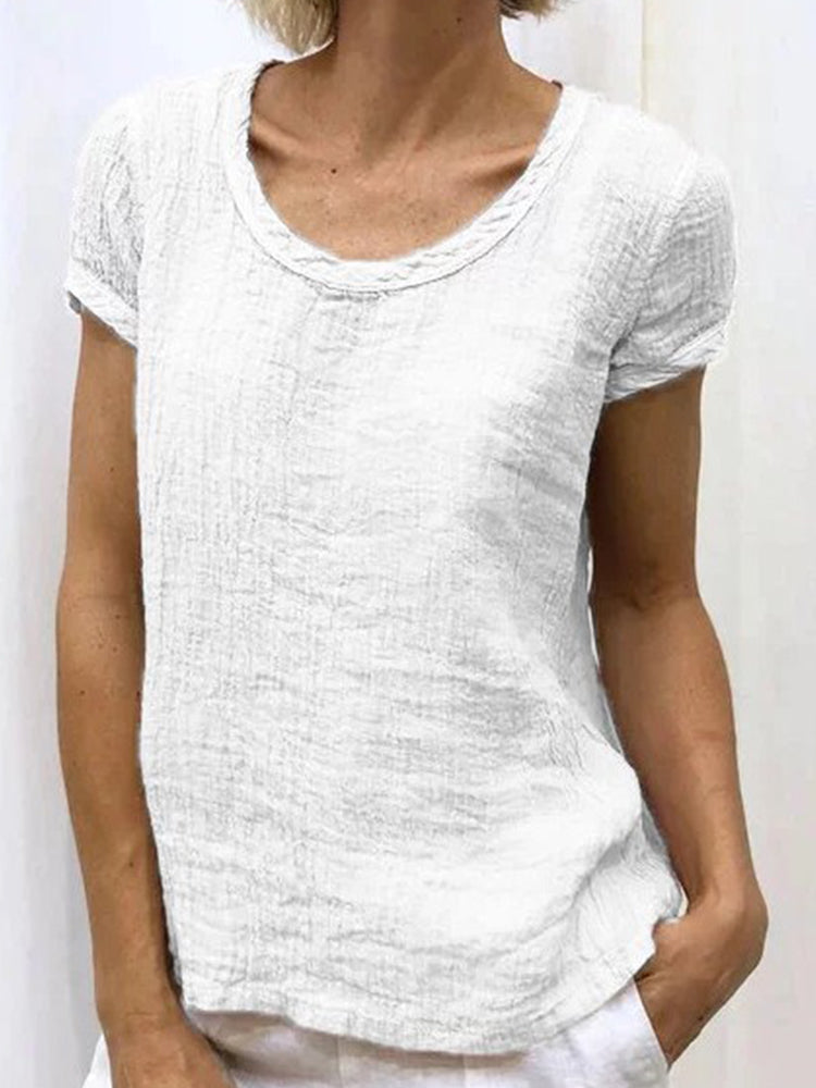 Unisex round neck cotton linen casual shirt solid color breathable relaxed fit all-season comfort