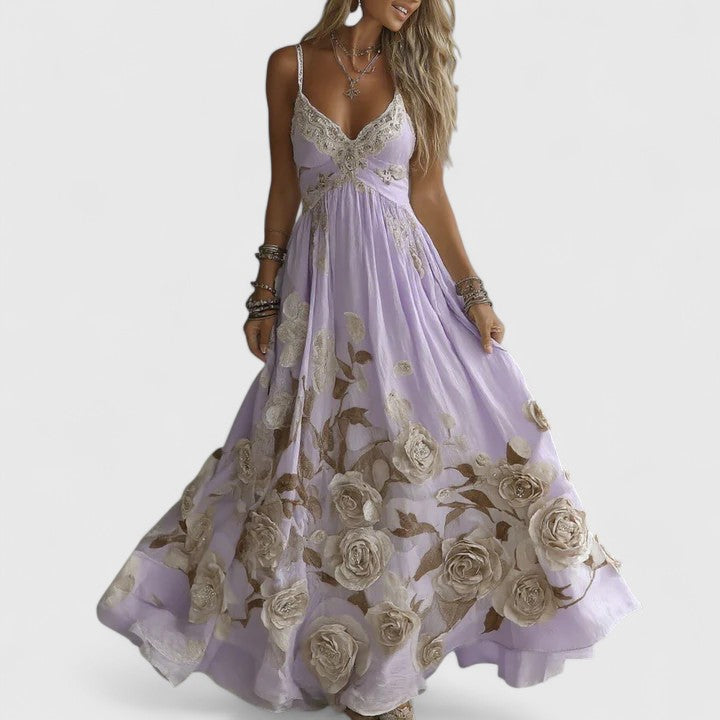 Floral embellished maxi gown elegant evening flowing silhouette romantic delicate floral details