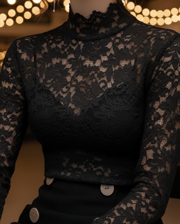 Women's ivory lace high-neck blouse elegant lightweight spring top with delicate texture