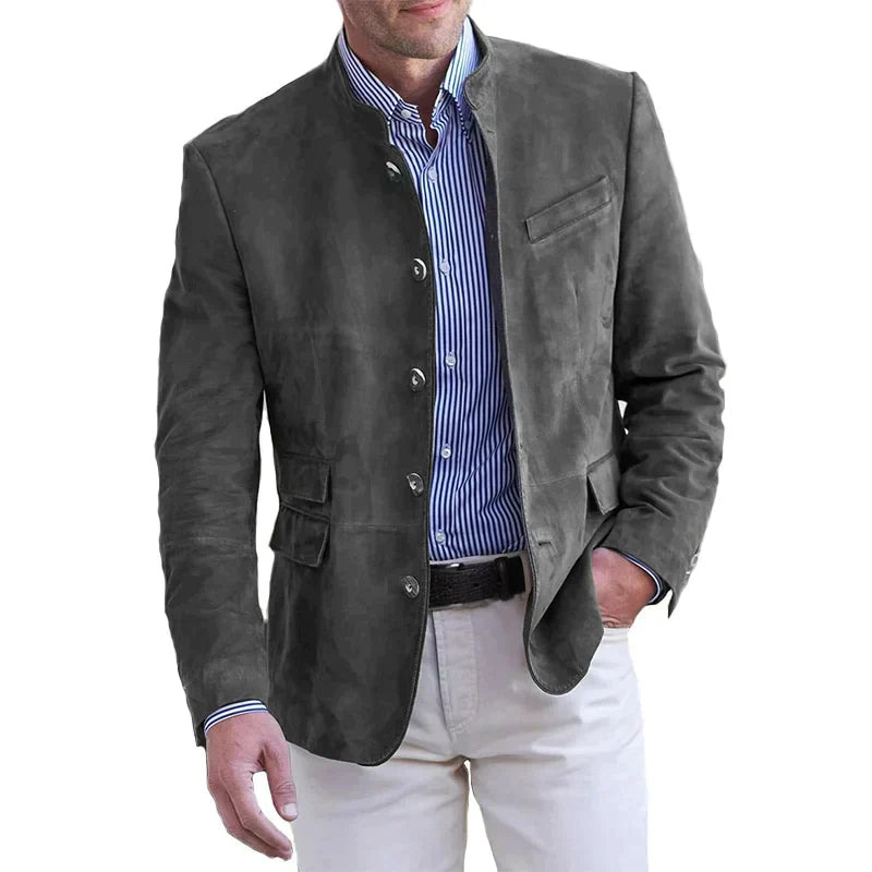 Men's smart casual blazer stand collar slim fit neutral tone everyday polished style