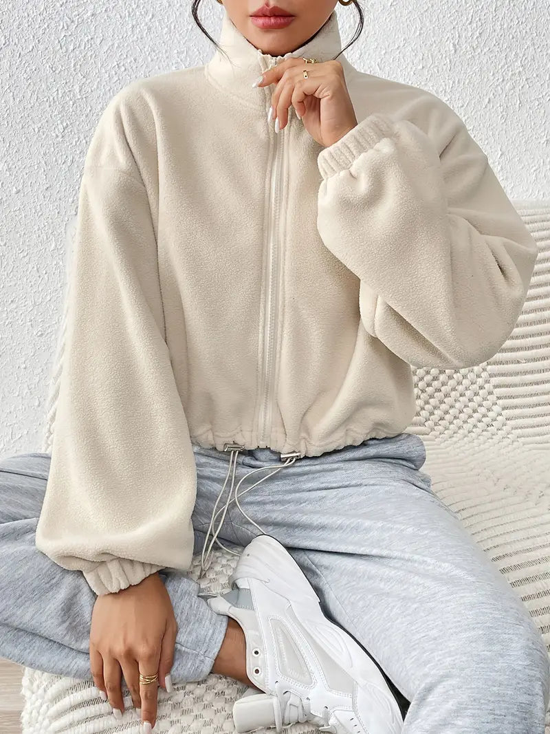 Women's short zip-up jacket structured silhouette warm casual everyday style high collar modern cut