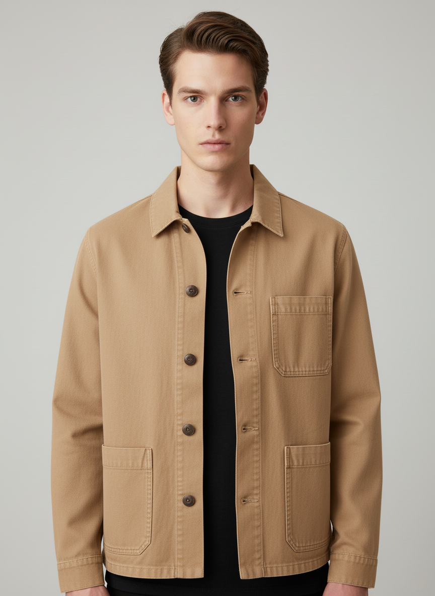 Men's relaxed-fit casual jacket beige button-front cotton-blend with chest pocket Nordic style