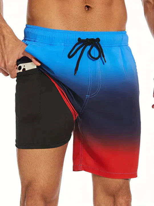 Men's tropical palm print beach shorts with adjustable drawstring waist for bold coastal style