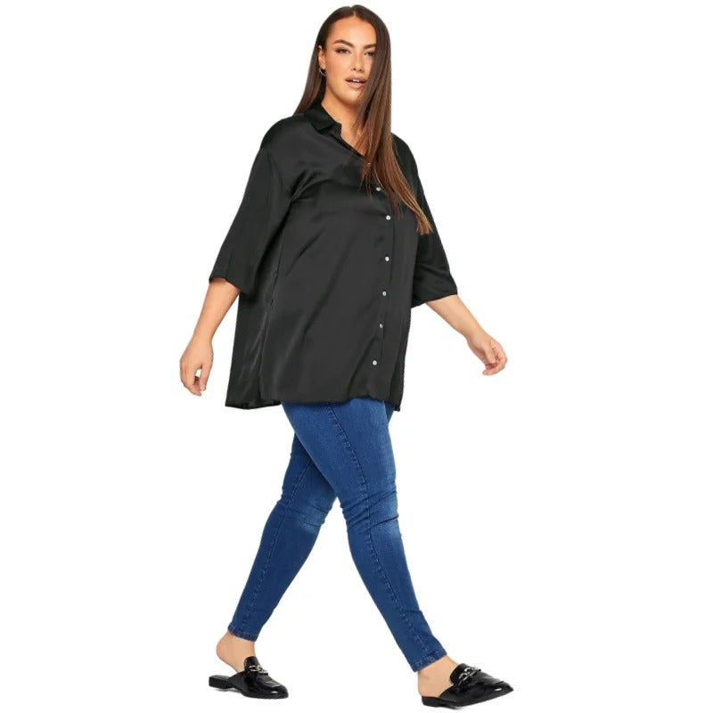 Women's ivory satin blouse elegant three-quarter sleeves relaxed longer fit subtle luxurious sheen