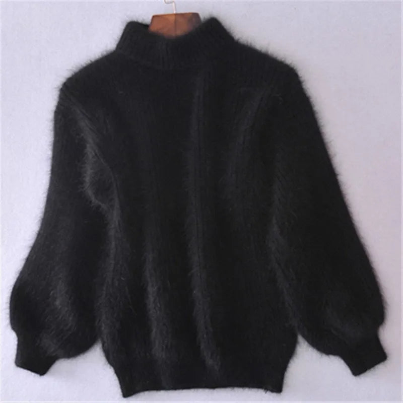 Women's fuzzy knit turtleneck loose fit plush sweater with ribbed cuffs and hem in cozy warmth