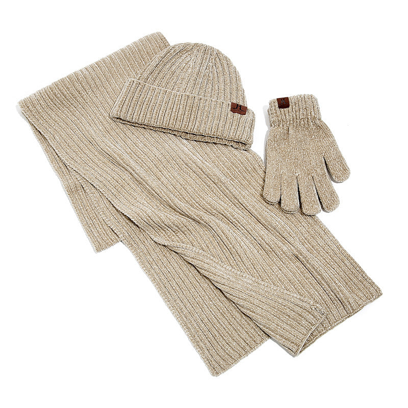 Unisex beige knitted winter set with extra-long scarf, cozy hat and gloves for women and men