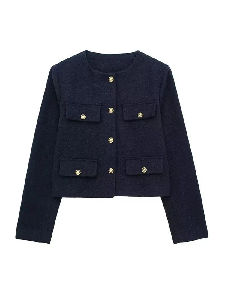Women's short structured jacket with gold button details in a tailored silhouette for timeless elegance