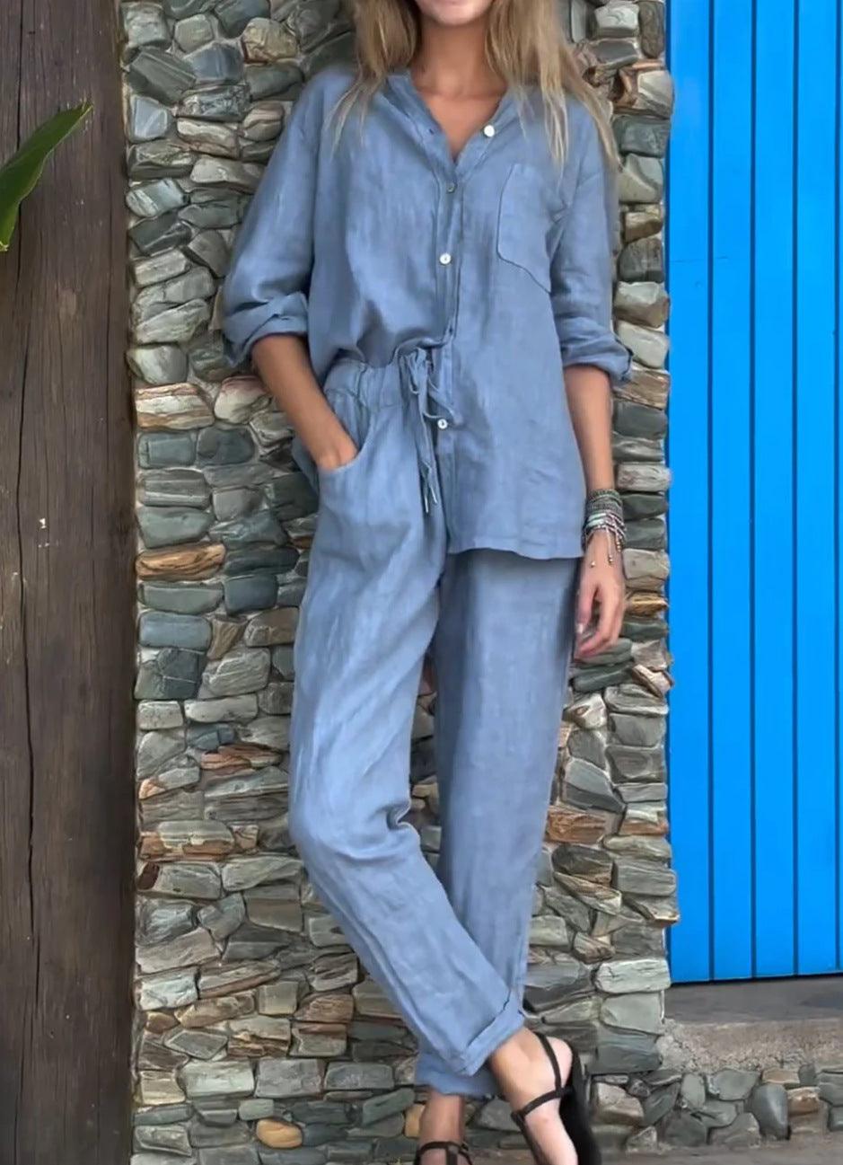 Unisex beige cotton linen two-piece set V-neck shirt and pants breathable casual summer outfit