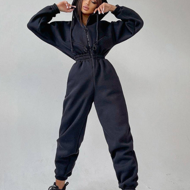 Women's hoodie two-piece set in stretch spandex, casual athleisure style with stand-up collar