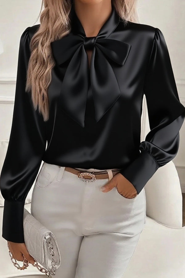 Women's satin loose fit V-neck blouse with long sleeves, solid color, bow detail, office-ready polished sheen