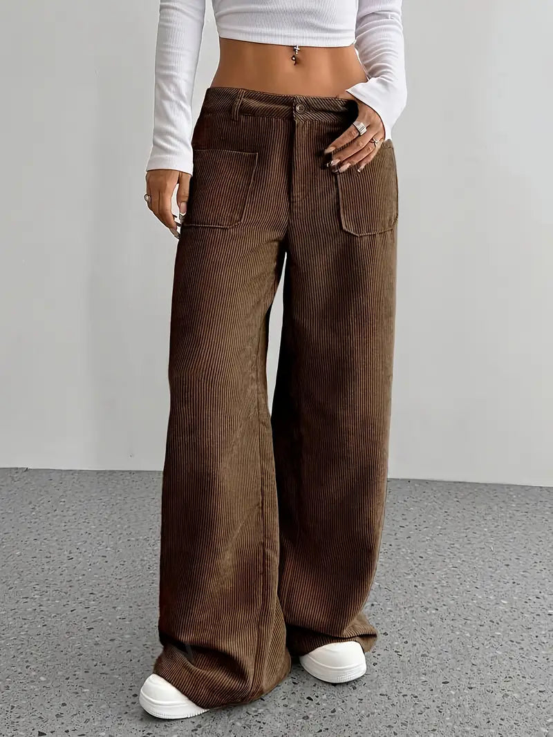 Women's wide-leg corduroy pants cotton blend relaxed oversized fit with functional front pockets