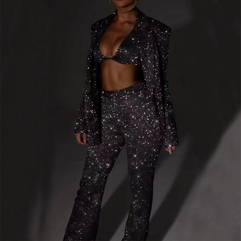 Women's silver sequined blazer suit set with lapels and straight-cut pants for party occasions