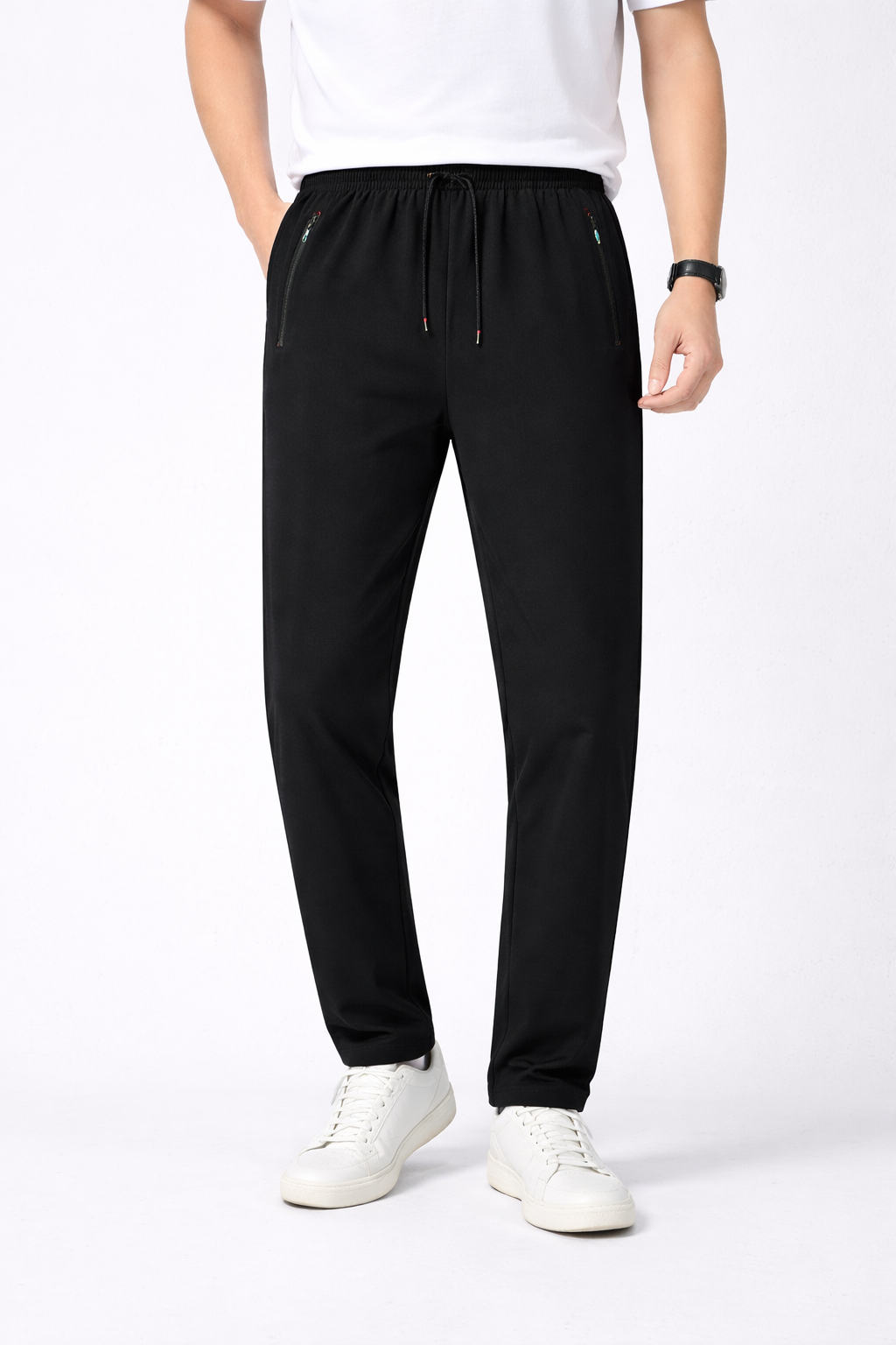 Men's thermal fleece-lined joggers in black windproof fabric with drawstring waist and ribbed ankle cuffs
