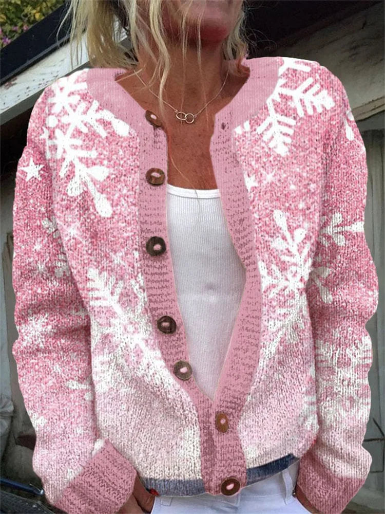 Women's button-front knit cardigan floral pattern ribbed trim everyday comfort layering essential