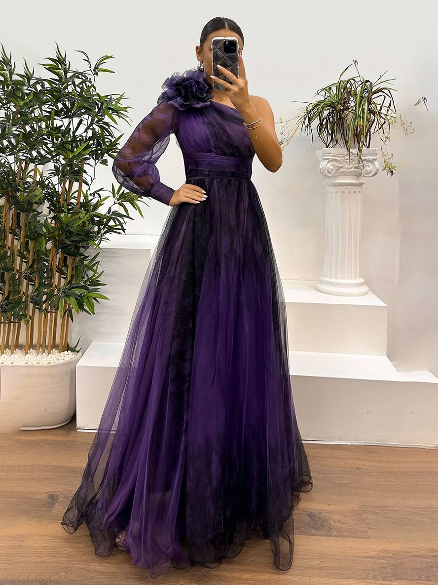 Adeline floral maxi dress, one-shoulder asymmetric silhouette with split tulle and elegant side slit