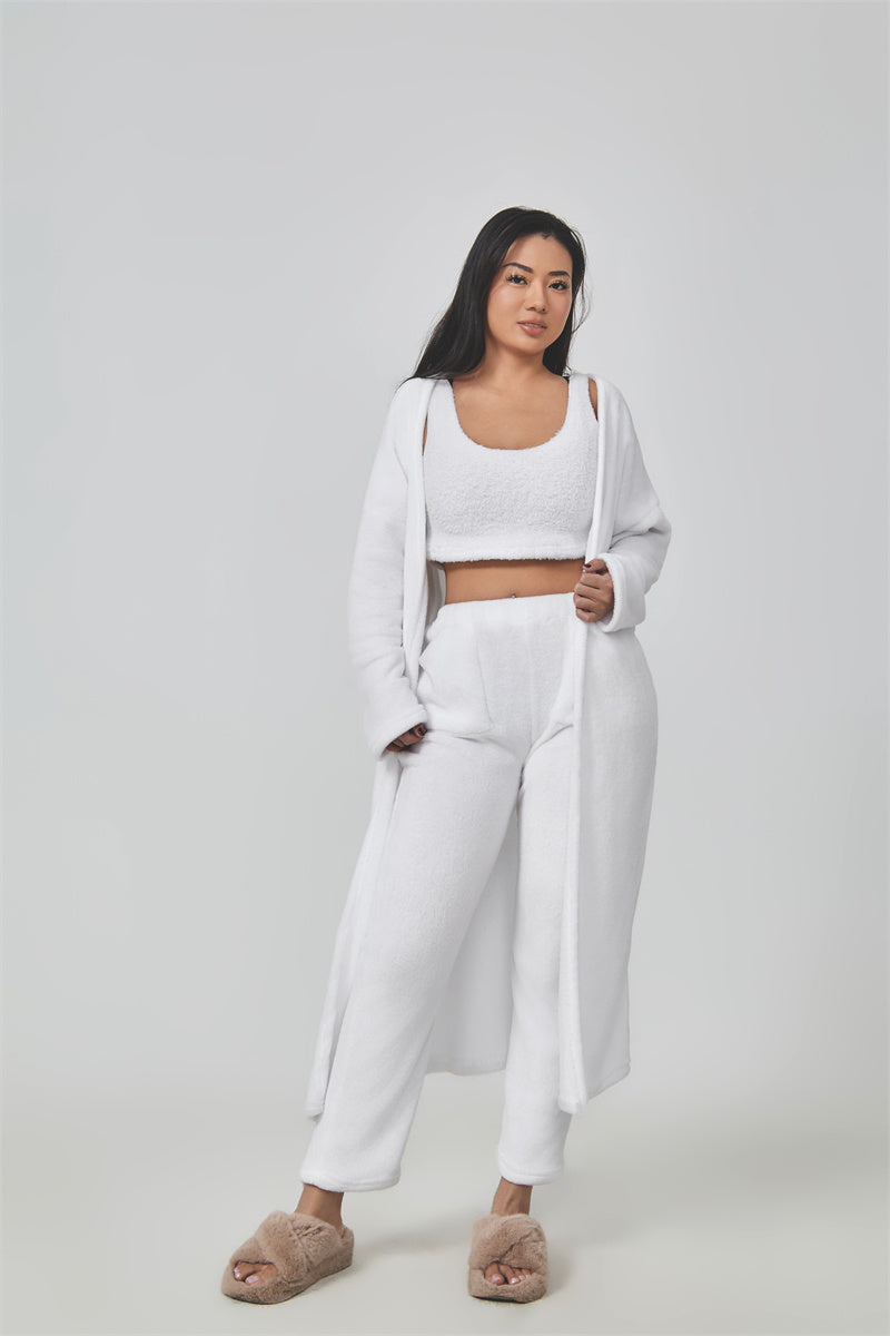 Women's fluffy 3-piece lounge set with cropped top, high-waisted pants, and long cardigan cozy style