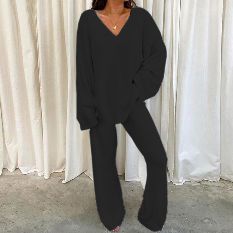 Women solid color V-neck two-piece set, casual polyester leisure wear with matching top and bottoms