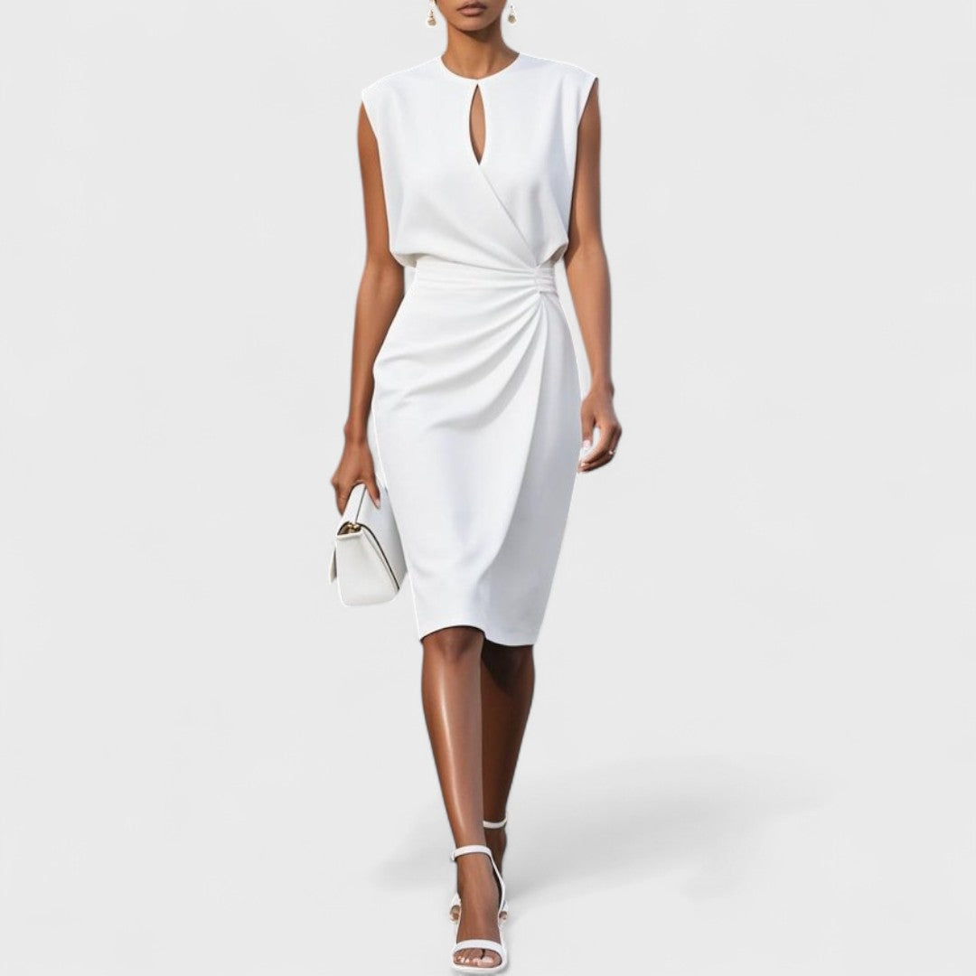 Sleeveless midi dress with ruched waist, keyhole neckline, and fluid skirt for elegant occasions
