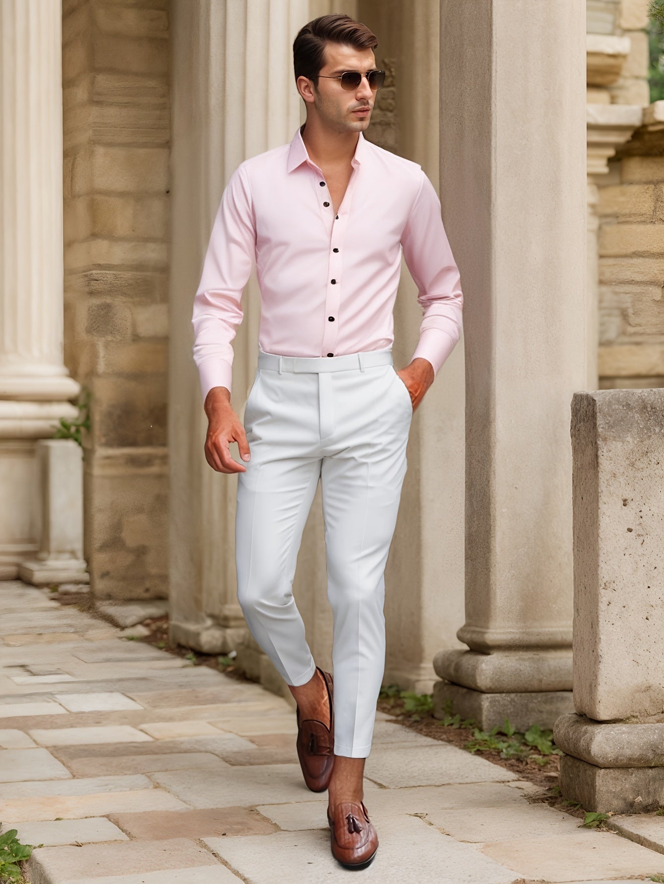 Men's slim fit stretch dress shirt solid color ultra-light breathable fabric all-season comfort