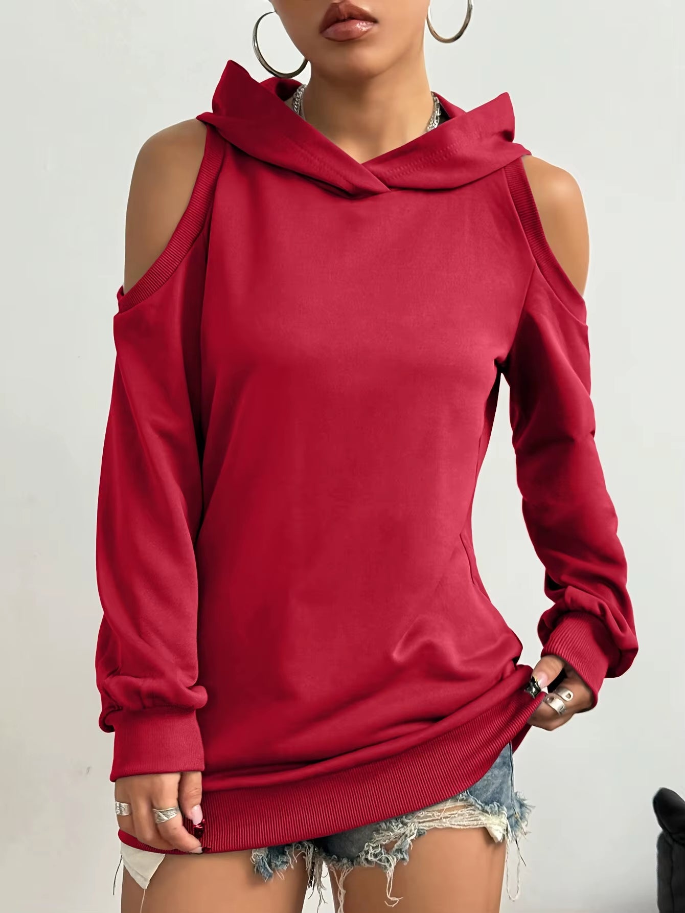 Women's gray off-shoulder hoodie with shoulder cutouts, draped soft knit relaxed fit